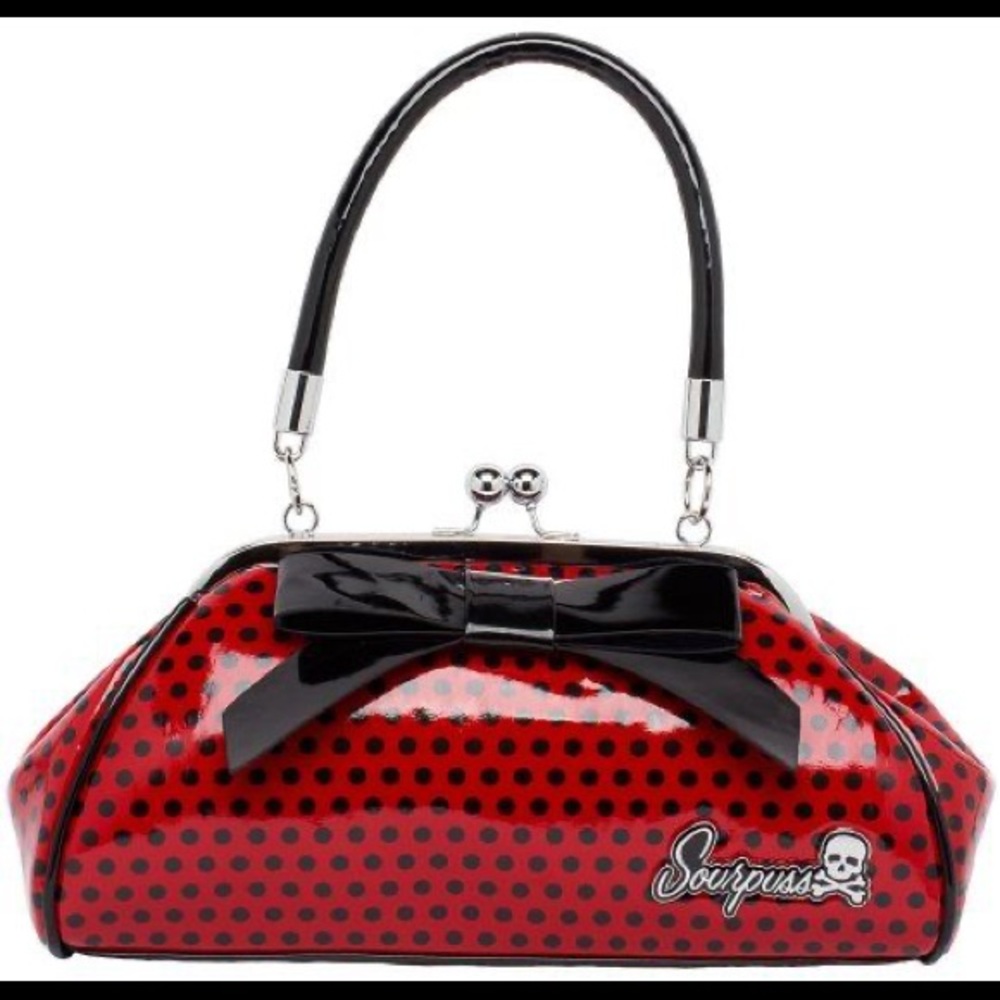 Sourpuss red and black polka dot purse